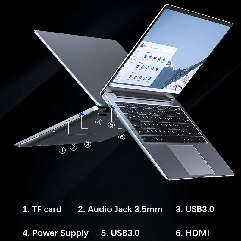 Windows 11 Laptop 14.1 Inch HD Display Intel Celeorn N4000 Notebook DDR4 6GB 256GB SSD 140° Laptops Wifi Bluetooth