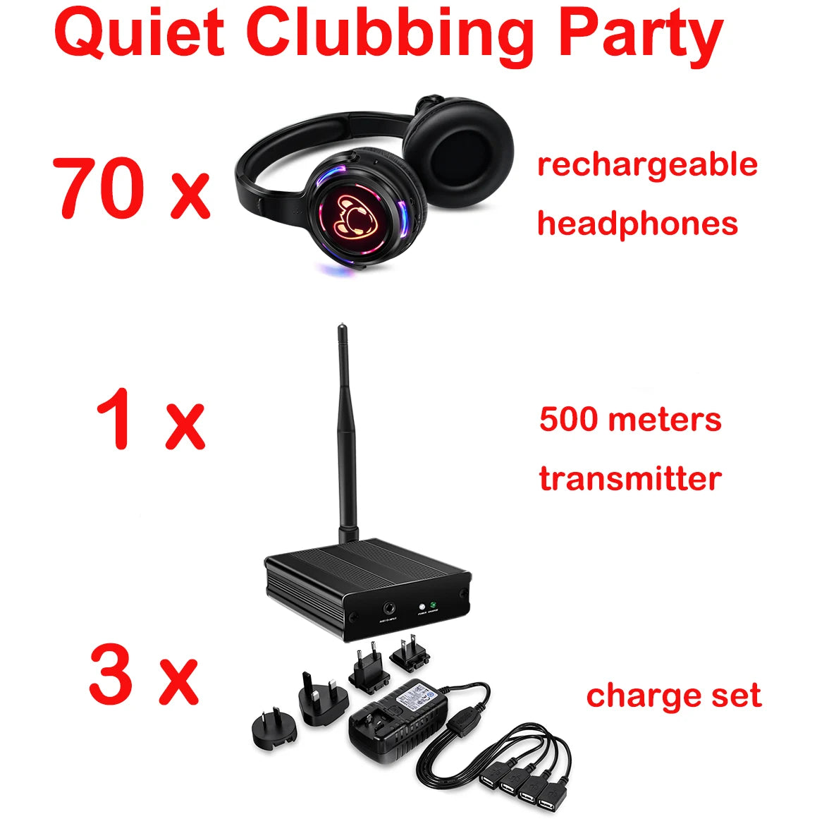 Silent Disco Compete System Black Led Wireless Headphones - Quiet Clubbing Party Bundles (5 Headsets + 1/2/3 Transmitters)