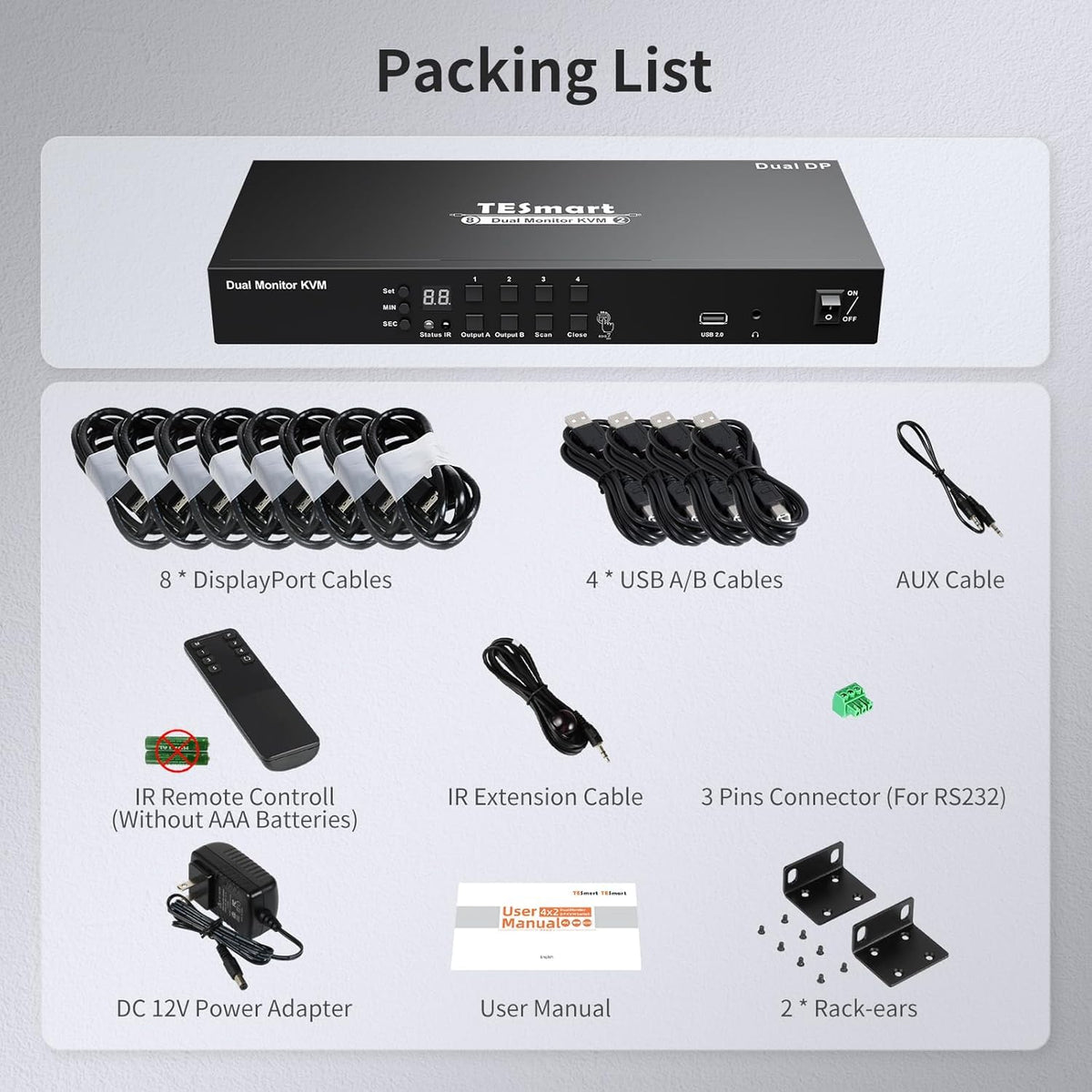 4 Port KVM Switch Dual Monitor Displayport, 4K@60Hz KVM Switch 4 Computers 2 Monitors, DCCI, Audio Out, USB 2.0 Devices, Hotkey Switch, 2K@144Hz, Rack-Mount Ears, with Cables (NO EDID)