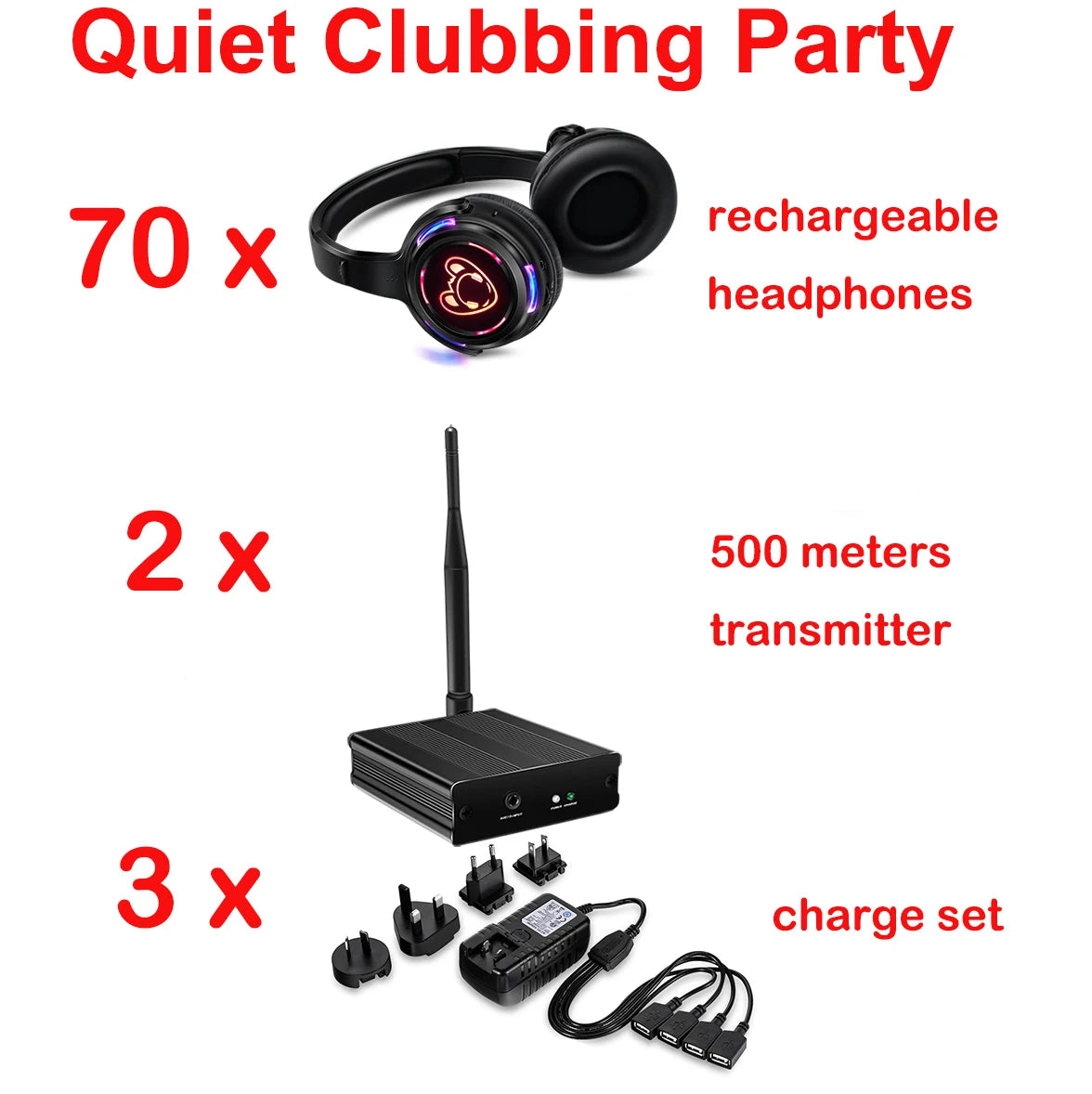 Silent Disco Compete System Black Led Wireless Headphones - Quiet Clubbing Party Bundles (5 Headsets + 1/2/3 Transmitters)