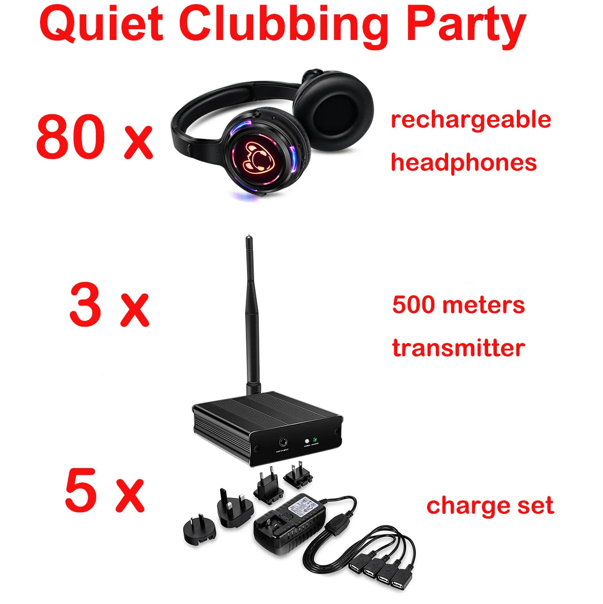 Silent Disco Compete System Black Led Wireless Headphones - Quiet Clubbing Party Bundles (5 Headsets + 1/2/3 Transmitters)