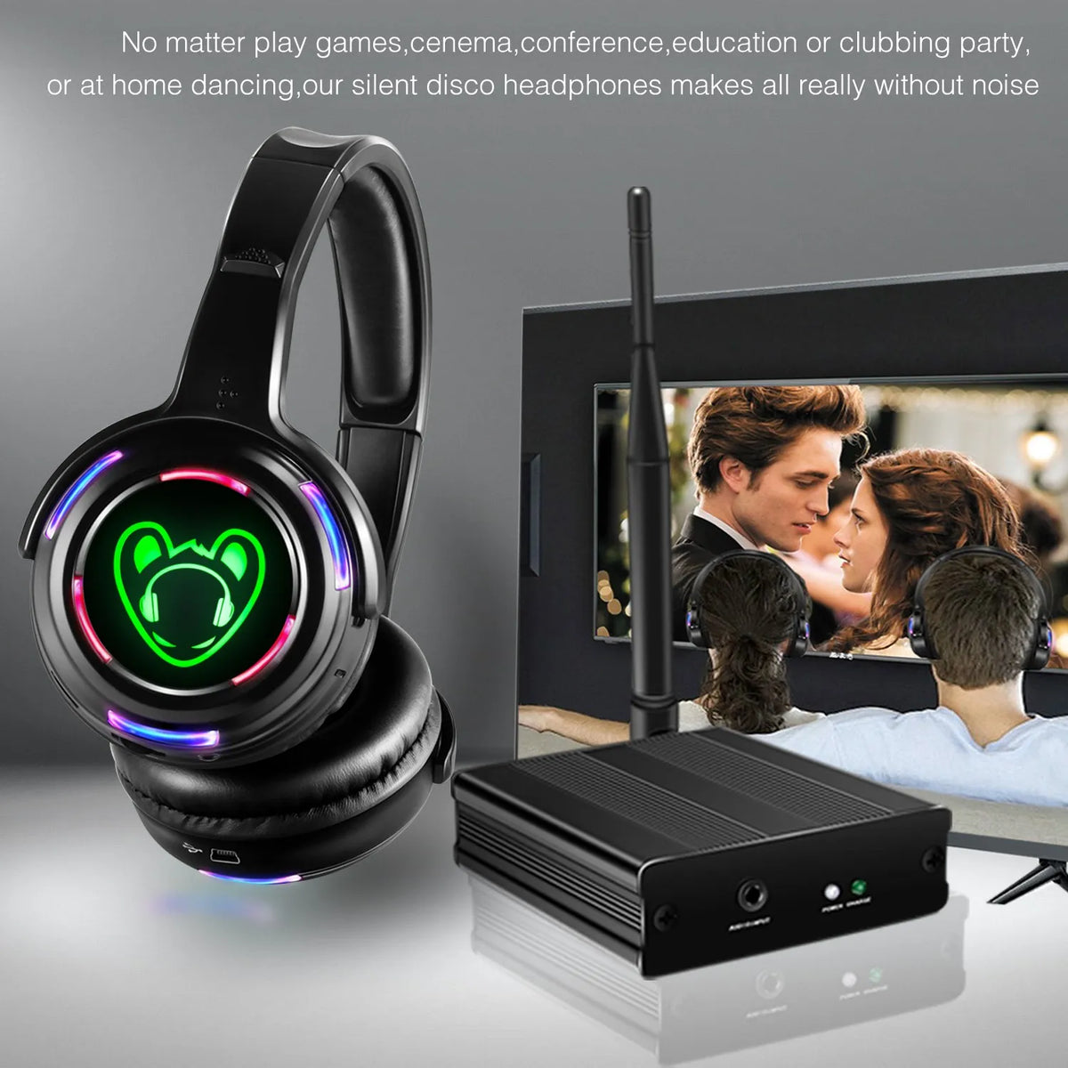 Silent Disco Compete System Black Led Wireless Headphones - Quiet Clubbing Party Bundles (5 Headsets + 1/2/3 Transmitters)