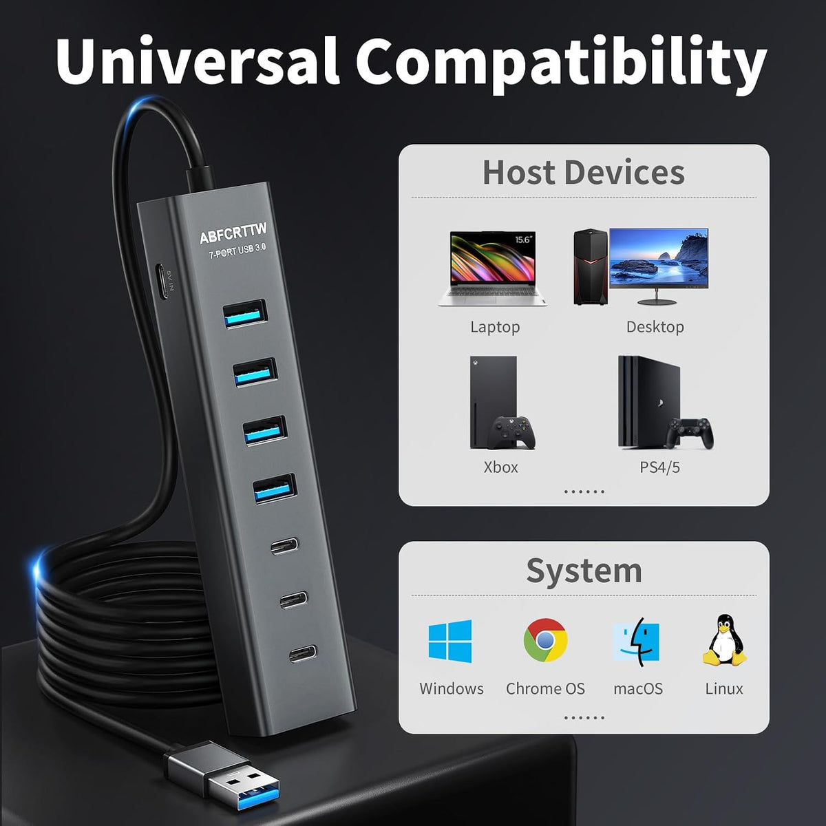 Aluminum 7-Port USB Hub 3.0 — 4 ft Cable
