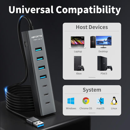 Aluminum 7-Port USB Hub 3.0 — 4 ft Cable