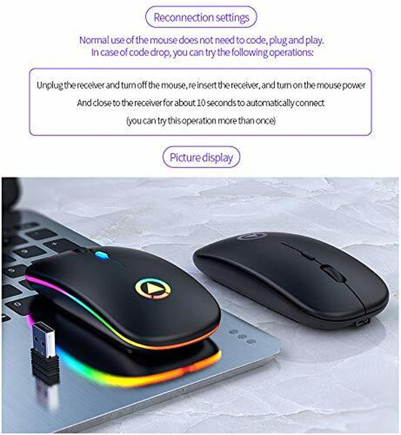 2.4Ghz Wireless Optical Mouse USB Rechargeable RGB Cordless Mice for PC Laptop