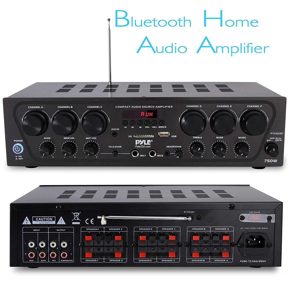 Bluetooth Home Audio 750 Watt 6 Channel Amplifier Stereo Receiver (PTA62BT.5)