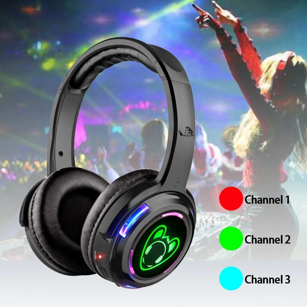 Silent Disco Compete System Black Led Wireless Headphones - Quiet Clubbing Party Bundles (5 Headsets + 1/2/3 Transmitters)
