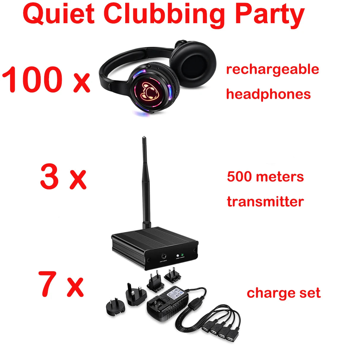 Silent Disco Compete System Black Led Wireless Headphones - Quiet Clubbing Party Bundles (5 Headsets + 1/2/3 Transmitters)