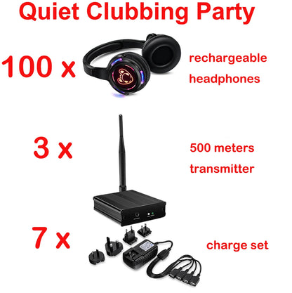 Silent Disco Compete System Black Led Wireless Headphones - Quiet Clubbing Party Bundles (5 Headsets + 1/2/3 Transmitters)