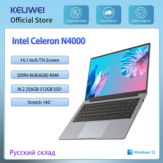 Windows 11 Laptop 14.1 Inch HD Display Intel Celeorn N4000 Notebook DDR4 6GB 256GB SSD 140° Laptops Wifi Bluetooth