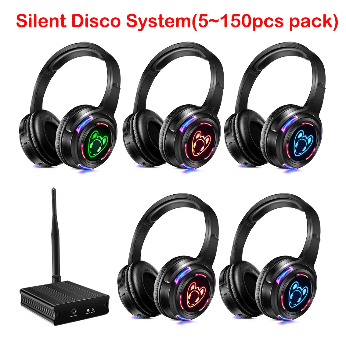 Silent Disco Compete System Black Led Wireless Headphones - Quiet Clubbing Party Bundles (5 Headsets + 1/2/3 Transmitters)