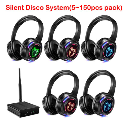 Silent Disco Compete System Black Led Wireless Headphones - Quiet Clubbing Party Bundles (5 Headsets + 1/2/3 Transmitters)