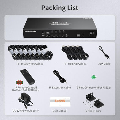 4 Port KVM Switch Dual Monitor Displayport, 4K@60Hz KVM Switch 4 Computers 2 Monitors, DCCI, Audio Out, USB 2.0 Devices, Hotkey Switch, 2K@144Hz, Rack-Mount Ears, with Cables (NO EDID)