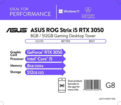 ROG Strix I5 3050 Desktop;  ROG Strix Intel Core I5-11400F, NVIDIA Geforce RTX 3050 Graphics, 8GB RAM, 512GB SSD, Gray, Windows 11 Home, G10CE-WB553