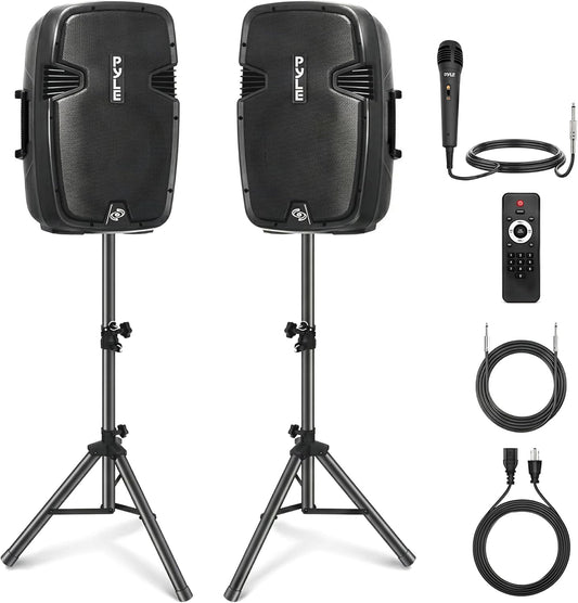 Wireless Portable PA Speaker System - 1800W High Powered Bluetooth Compatible Active + Passive Pair Outdoor Sound Speakers W/ USB SD MP3 AUX - 35Mm Mount, 2 Stand, Microphone, Remote -  PPHP1249KT
