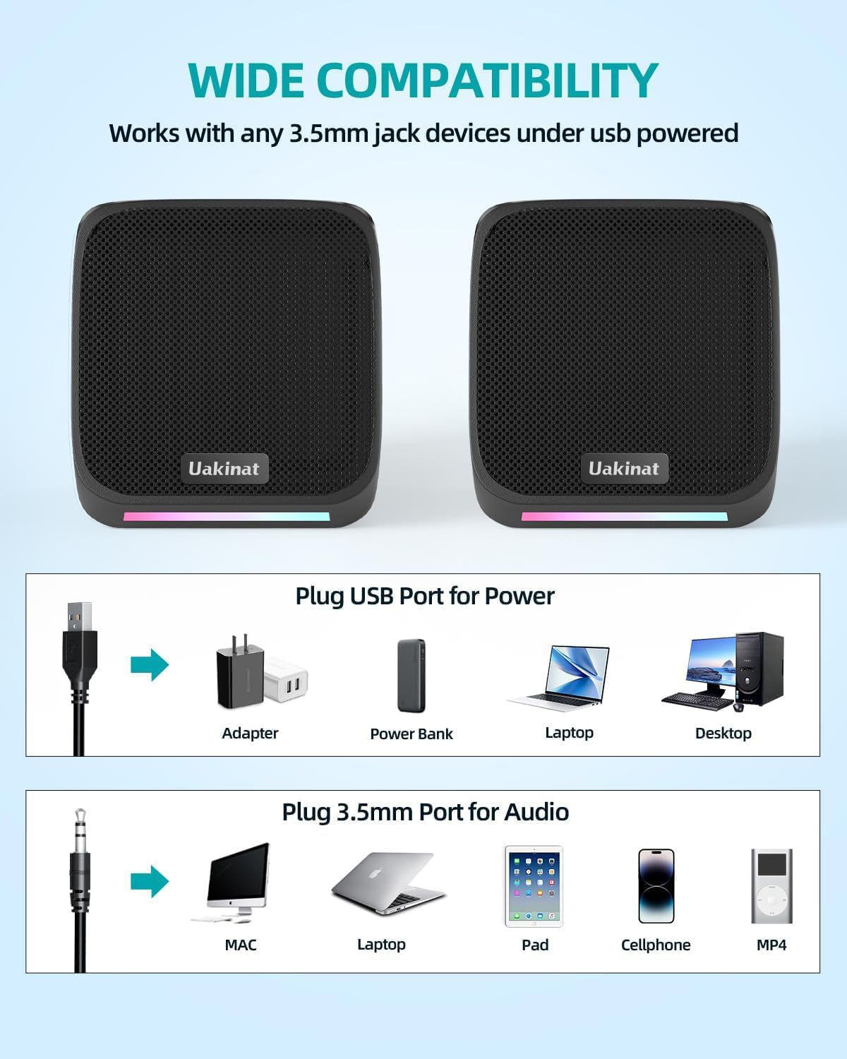 Compact USB-Powered Desktop Speakers — 3.5mm AUX
