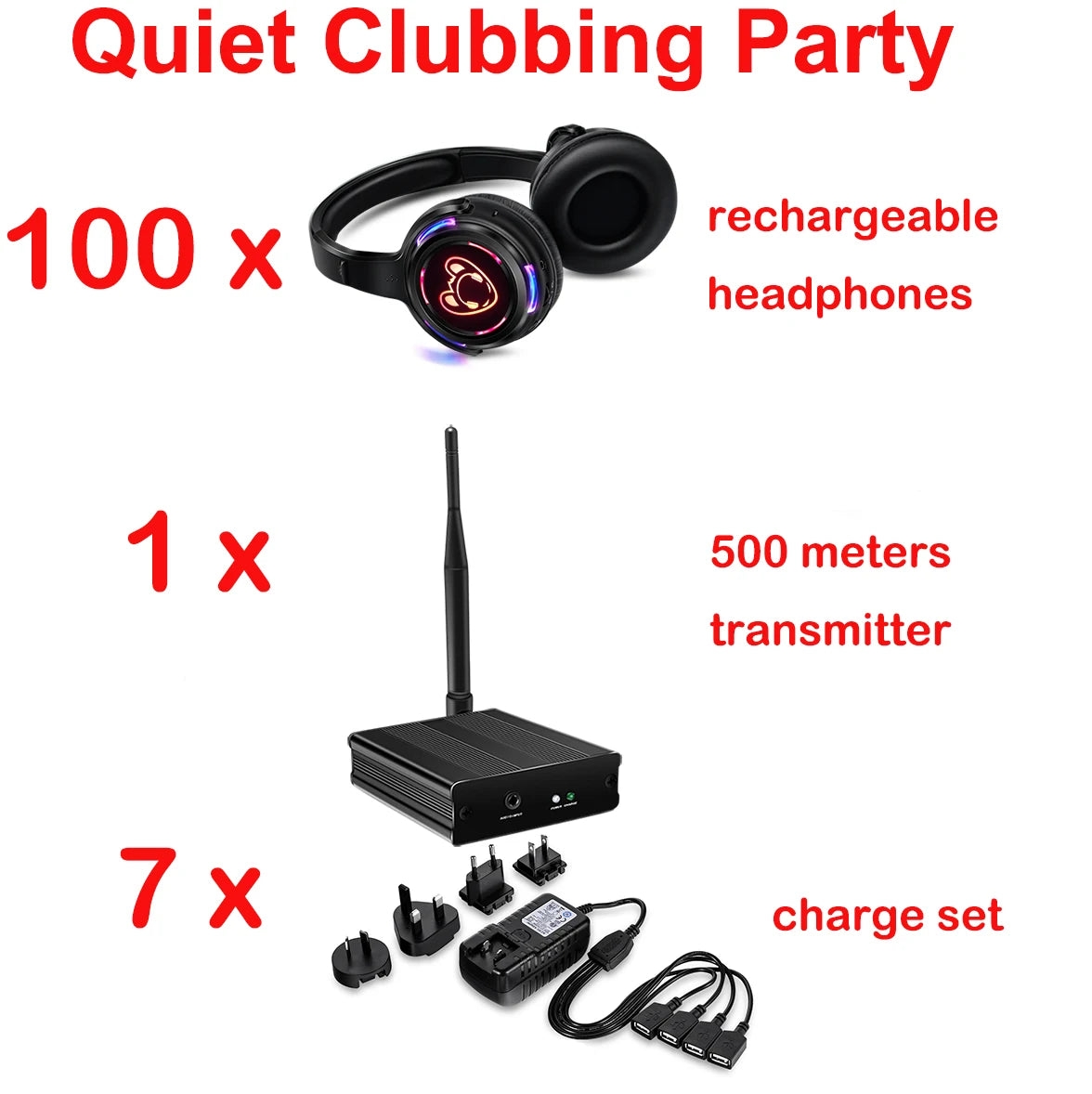 Silent Disco Compete System Black Led Wireless Headphones - Quiet Clubbing Party Bundles (5 Headsets + 1/2/3 Transmitters)
