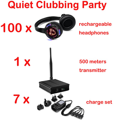 Silent Disco Compete System Black Led Wireless Headphones - Quiet Clubbing Party Bundles (5 Headsets + 1/2/3 Transmitters)