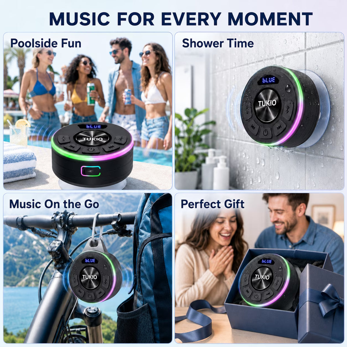 Tukio IPX7 Bluetooth Shower Speaker — RGB Lights