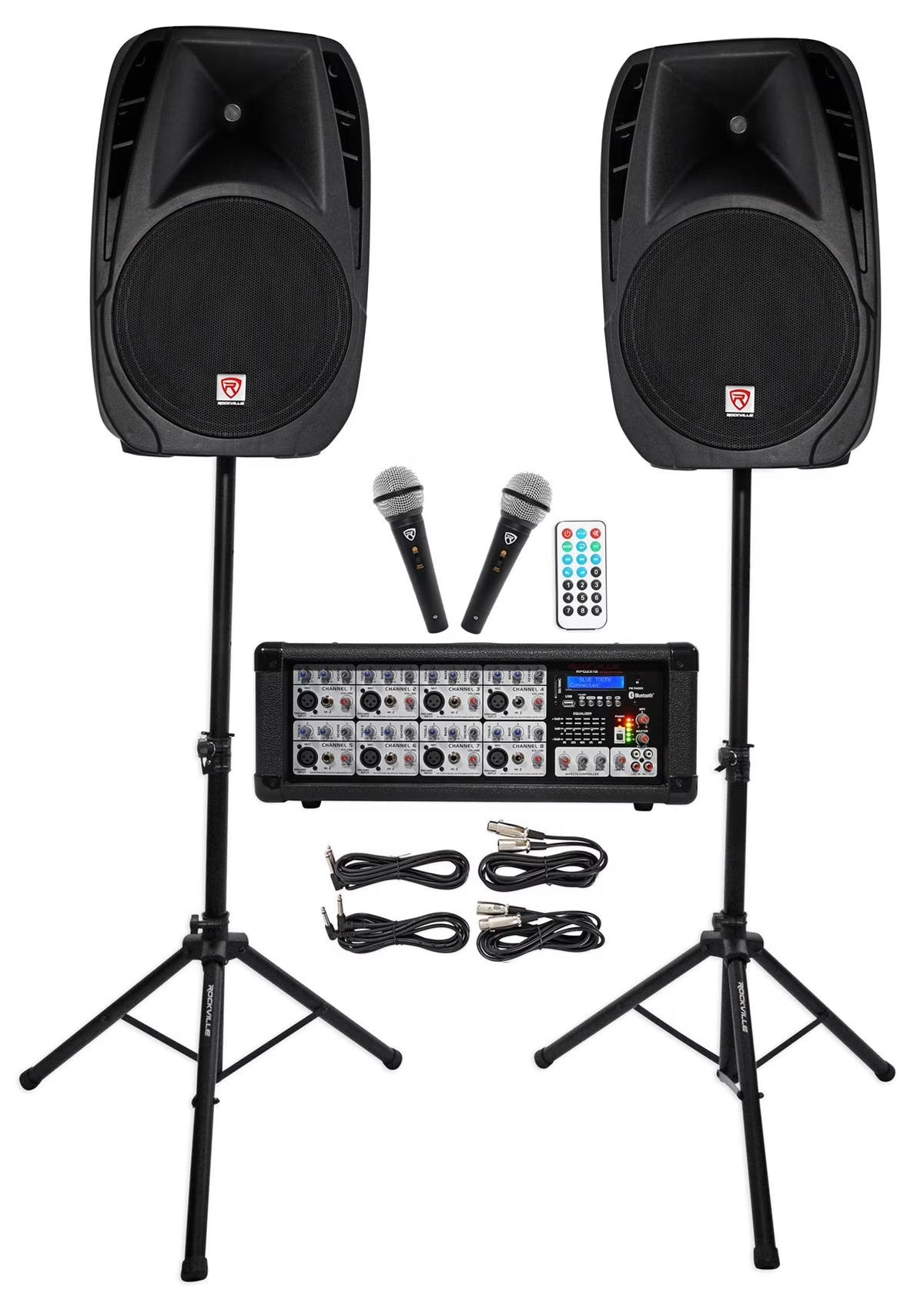 RPG2X15 Package PA System Mixer/Amp+15" Speakers+Stands+Mics+Bluetooth