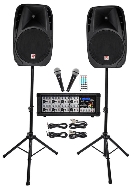 RPG2X15 Package PA System Mixer/Amp+15" Speakers+Stands+Mics+Bluetooth