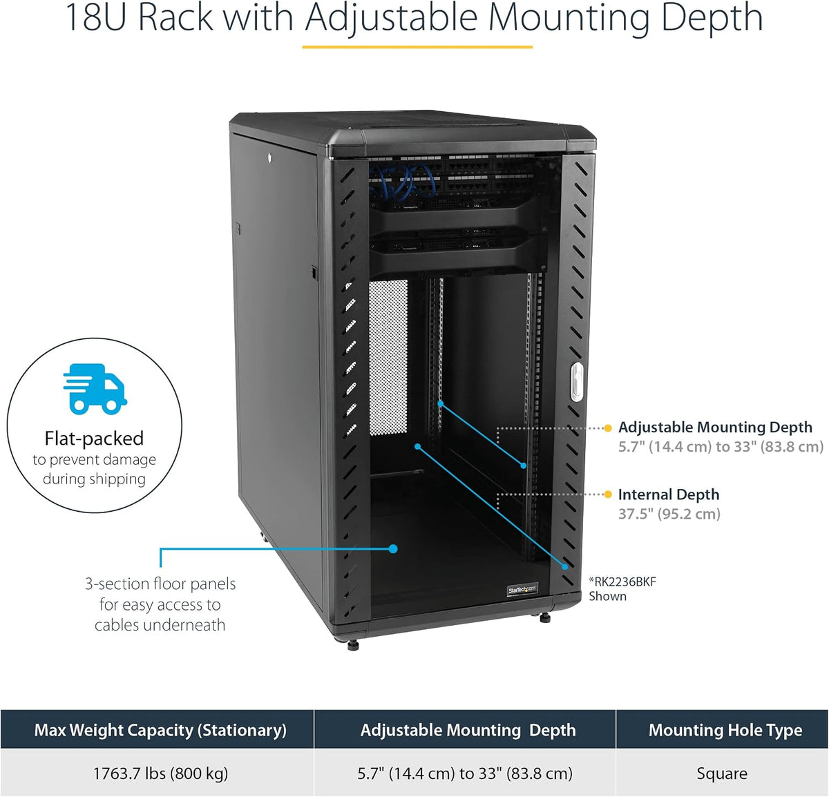 Startech 18U Enterprise-Grade Server Rack Cabinet, 19In Enclosed 4-Post Rack with 33In (83Cm) Mounting Depth and 1764Lb (800Kg) Weight Capacity