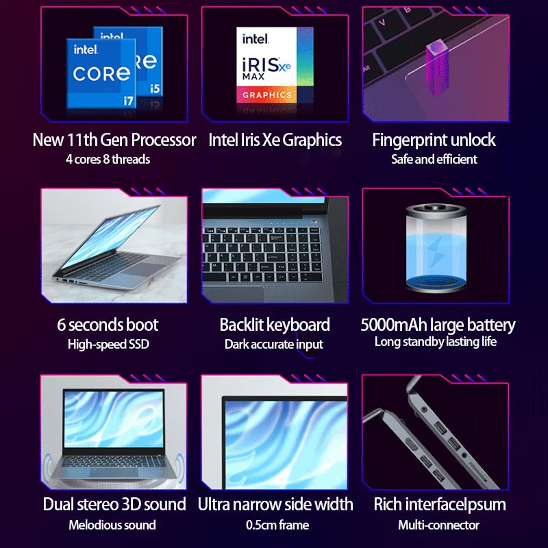 2025 New Ultraslim Dedicated Gaming Laptop 15.6 Inch Intel Core I7-1260+Mx550 4Gvideo  RAM Fingerprint Office Notebook