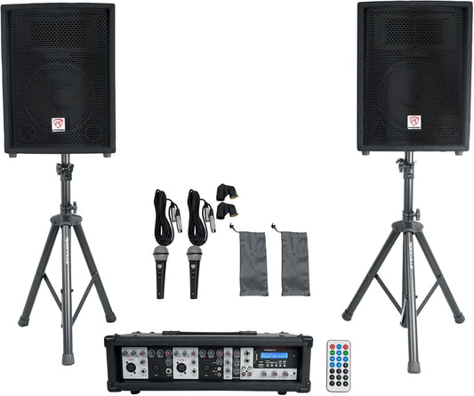 RPG2X10 V2 10 in Package PA System 200W RMS / 800W Peak, 4-Channel Powered Mixer with Bluetooth, 2 Speakers, 2 Stands, 2 RMM-XLR Mics, USB SD MP3, for DJ Karaoke Events