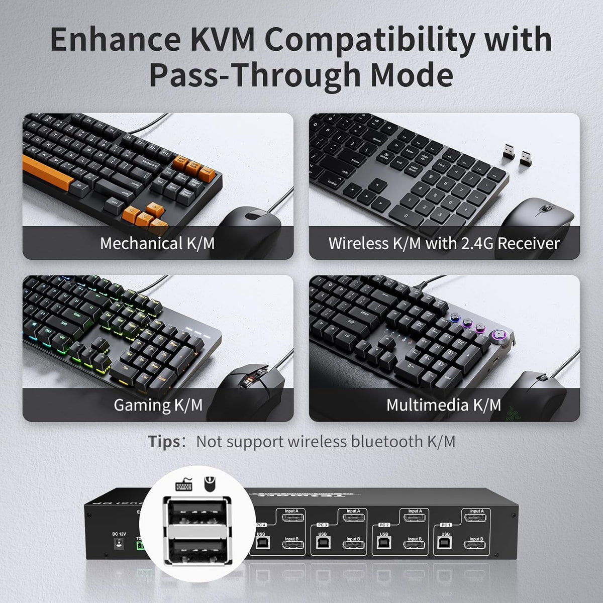 4 Port KVM Switch Dual Monitor Displayport, 4K@60Hz KVM Switch 4 Computers 2 Monitors, DCCI, Audio Out, USB 2.0 Devices, Hotkey Switch, 2K@144Hz, Rack-Mount Ears, with Cables (NO EDID)