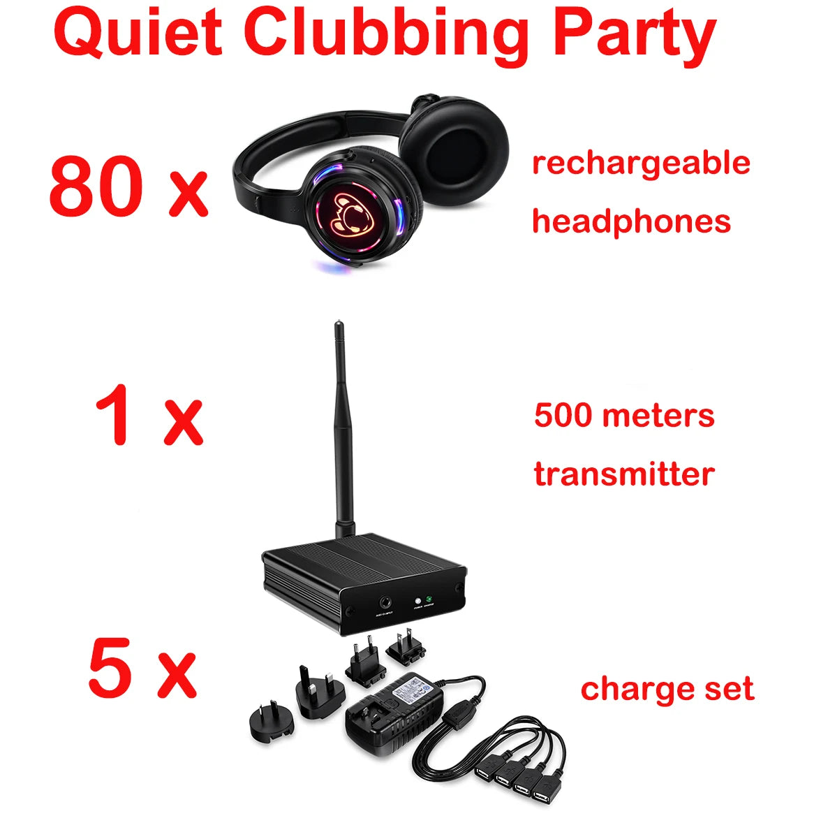 Silent Disco Compete System Black Led Wireless Headphones - Quiet Clubbing Party Bundles (5 Headsets + 1/2/3 Transmitters)