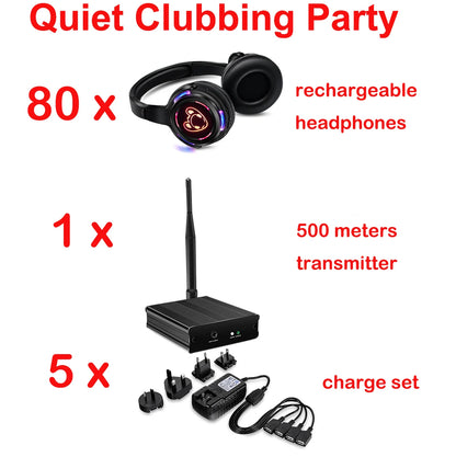 Silent Disco Compete System Black Led Wireless Headphones - Quiet Clubbing Party Bundles (5 Headsets + 1/2/3 Transmitters)