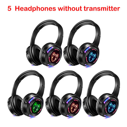 Silent Disco Compete System Black Led Wireless Headphones - Quiet Clubbing Party Bundles (5 Headsets + 1/2/3 Transmitters)