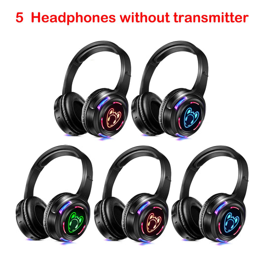 Silent Disco Compete System Black Led Wireless Headphones - Quiet Clubbing Party Bundles (5 Headsets + 1/2/3 Transmitters)