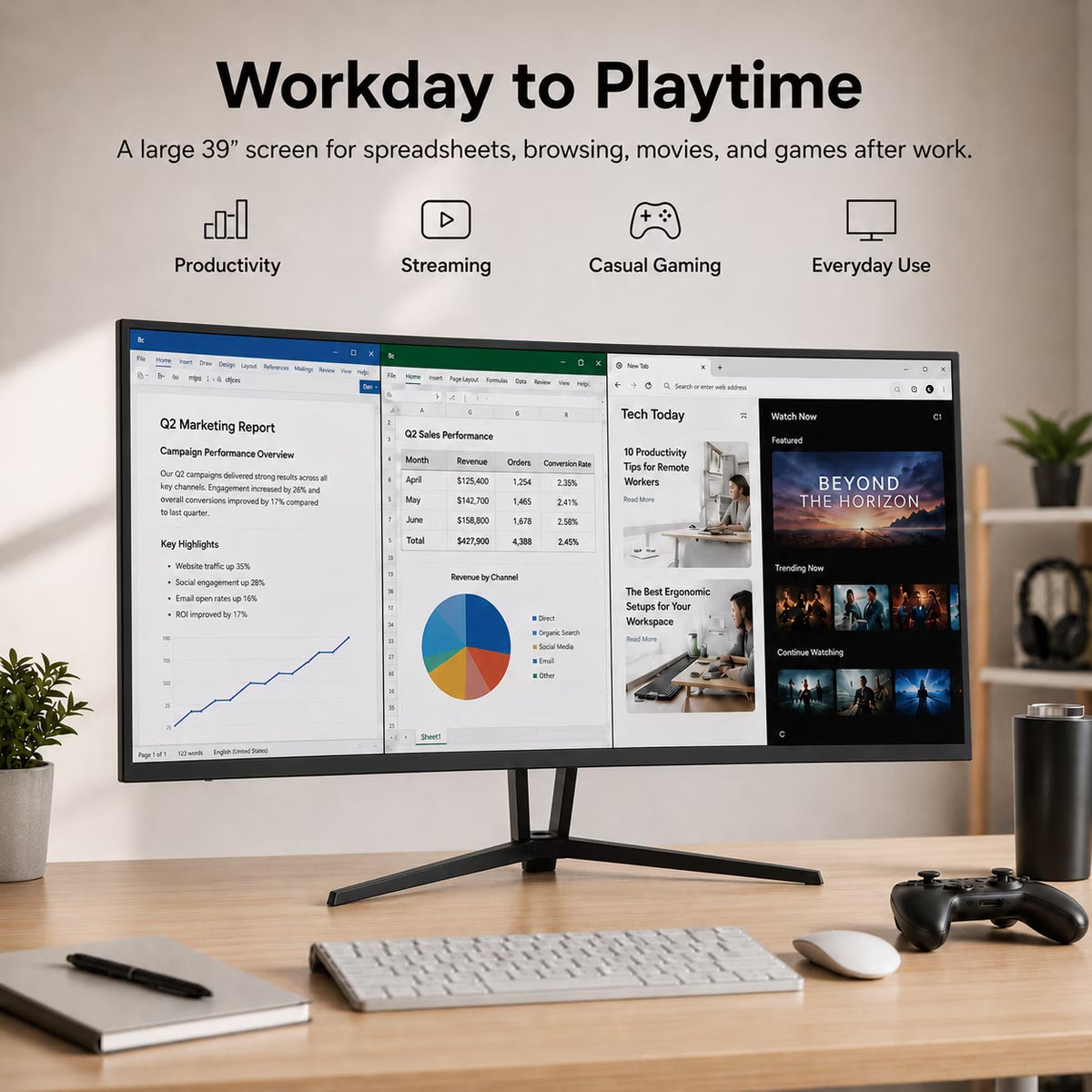 39" Curved Gaming Monitor, 2560X1440 QHD Computer Monitor, 165Hz Curved Monitor, 1Ms MPRT, AMD Freesync Adaptive Sync, USB-C 65W, HDMI 2.0 & DP 1.4, Built-In Speakers