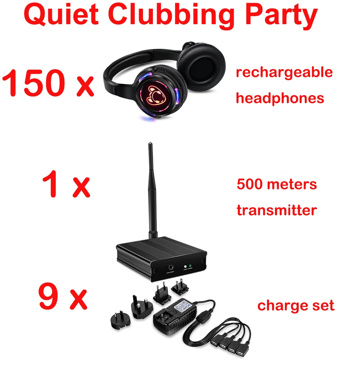 Silent Disco Compete System Black Led Wireless Headphones - Quiet Clubbing Party Bundles (5 Headsets + 1/2/3 Transmitters)