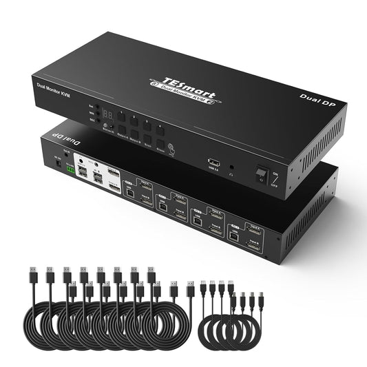 4 Port KVM Switch Dual Monitor Displayport, 4K@60Hz KVM Switch 4 Computers 2 Monitors, DCCI, Audio Out, USB 2.0 Devices, Hotkey Switch, 2K@144Hz, Rack-Mount Ears, with Cables (NO EDID)