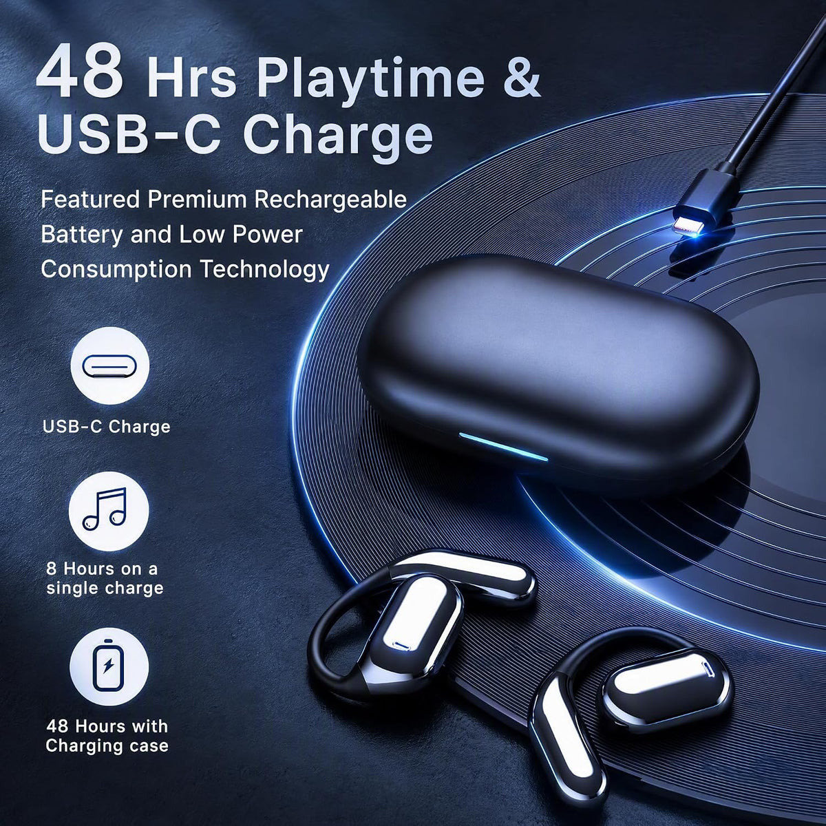 Hsility Wireless Sport Earbuds — Ear Hooks & Charging Case
