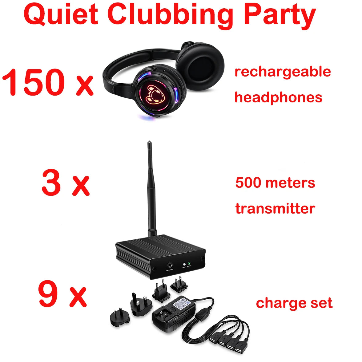 Silent Disco Compete System Black Led Wireless Headphones - Quiet Clubbing Party Bundles (5 Headsets + 1/2/3 Transmitters)
