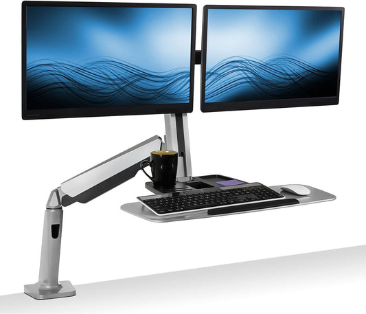 Dual Monitor Arm Desk Mount Sit-Stand Workstation, Clamp Base