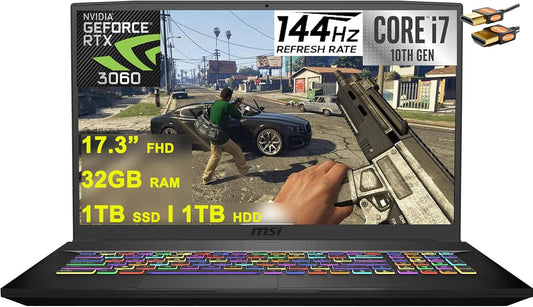 GF75 Thin 17 Gaming Laptop 17.3” FHD IPS 144Hz 10Th Gen Intel Hexa Core I7-10750H 32GB RAM 1TB SSD + 1TB HDD Geforce RTX 3060 6GB Type-C Backlit Nahimic Win10 Black + HDMI Cable