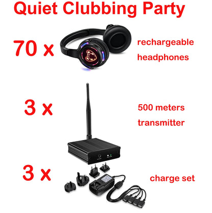 Silent Disco Compete System Black Led Wireless Headphones - Quiet Clubbing Party Bundles (5 Headsets + 1/2/3 Transmitters)