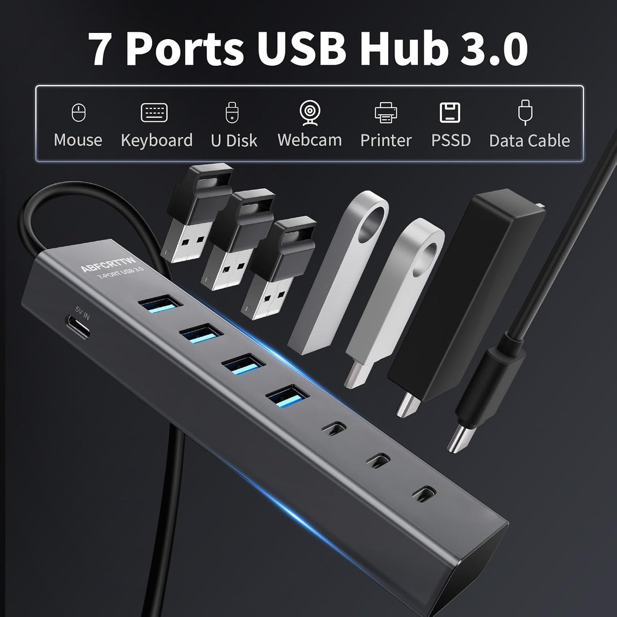 Aluminum 7-Port USB Hub 3.0 — 4 ft Cable