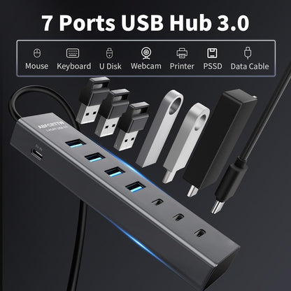 Aluminum 7-Port USB Hub 3.0 — 4 ft Cable