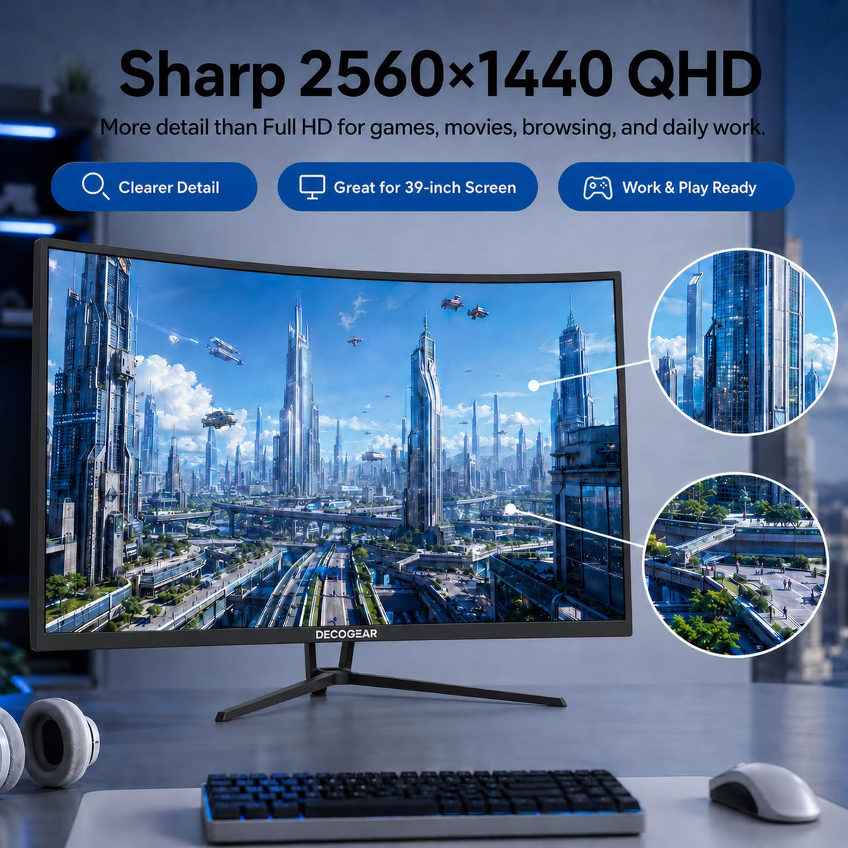 39" Curved Gaming Monitor, 2560X1440 QHD Computer Monitor, 165Hz Curved Monitor, 1Ms MPRT, AMD Freesync Adaptive Sync, USB-C 65W, HDMI 2.0 & DP 1.4, Built-In Speakers