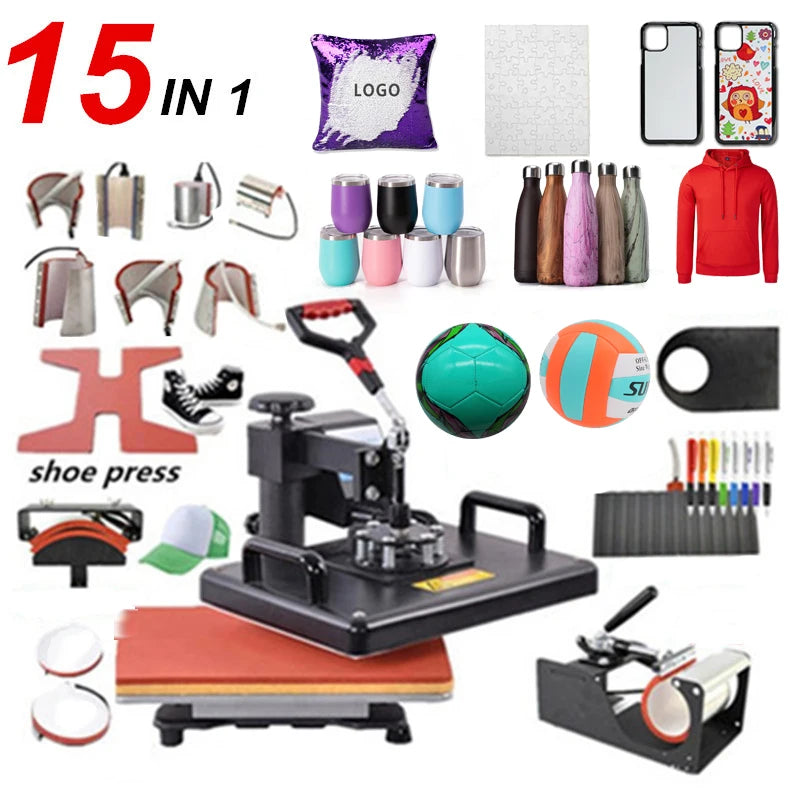15 in 1 Heat Press Machine,Sublimation Printer/Shoe Transfer Machine Pen Heat Press for Mug/Cap/Football/Bottle/Pen/Shoe/T Shirt