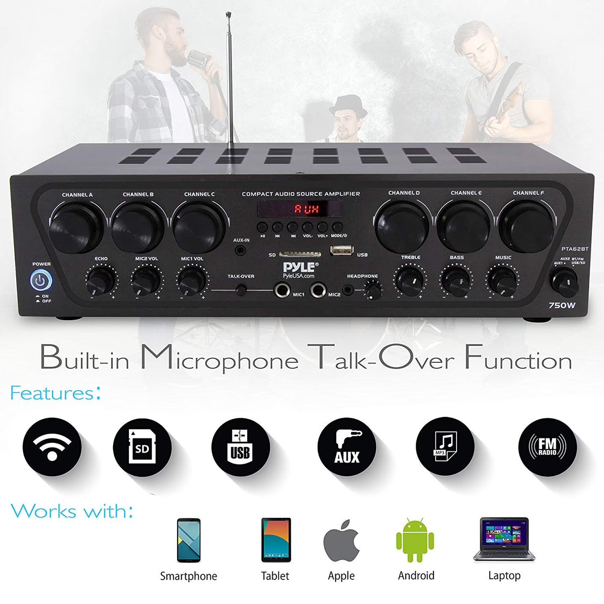 Bluetooth Home Audio 750 Watt 6 Channel Amplifier Stereo Receiver (PTA62BT.5)