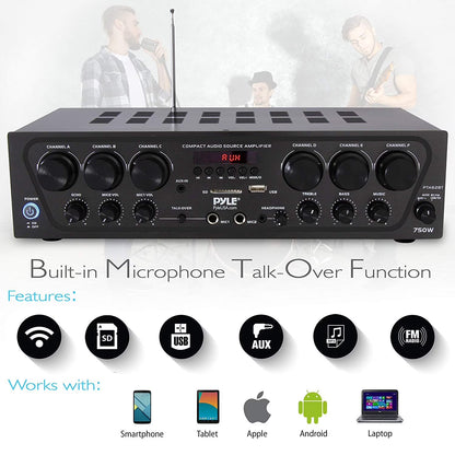 Bluetooth Home Audio 750 Watt 6 Channel Amplifier Stereo Receiver (PTA62BT.5)