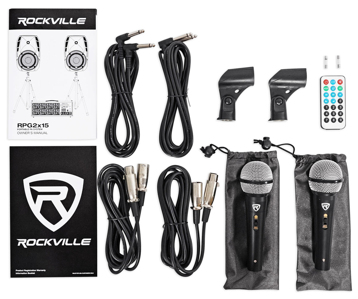 RPG2X15 Package PA System Mixer/Amp+15" Speakers+Stands+Mics+Bluetooth