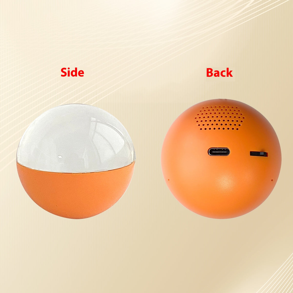 Orange video memory orb — supplier side and back views